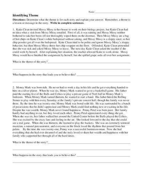 Identifying Theme Worksheet for 7th - 8th Grade | Lesson Planet