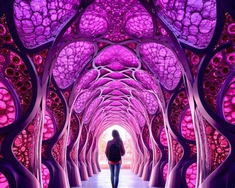 Premium Photo | A woman walks through a tunnel of purple and pink art.