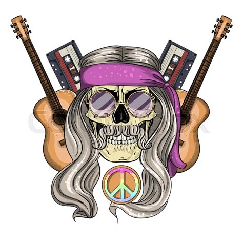 Hand drawn color sketch, hippie skull ... | Stock vector | Colourbox