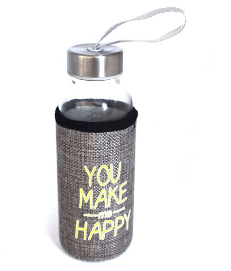 Healthopedia You Make Me Happy Water Bottle/Bottle With Pouch Grey 300 mL Glass Water Bottle set ...