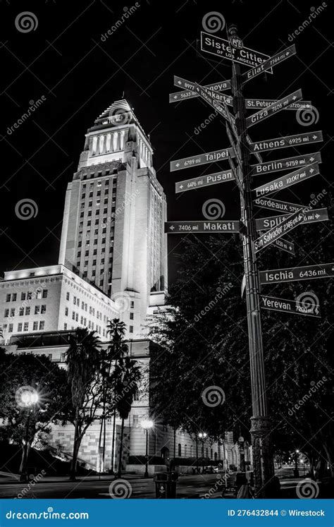 Grayscale Shot of Los Angeles City Hall at Night. Editorial Stock Image ...