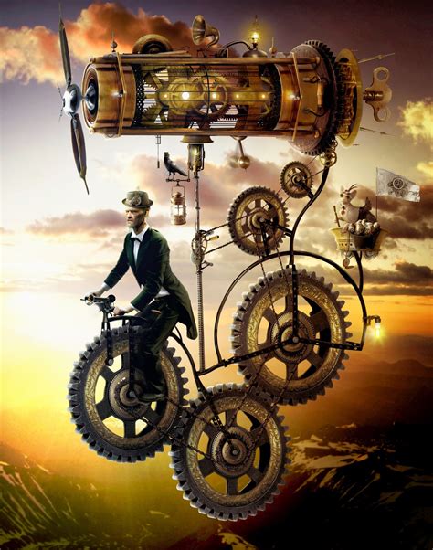 men, Steampunk, Gears, Metal, Digital art, Flying, Flag, Portrait display, Propeller, Chains ...