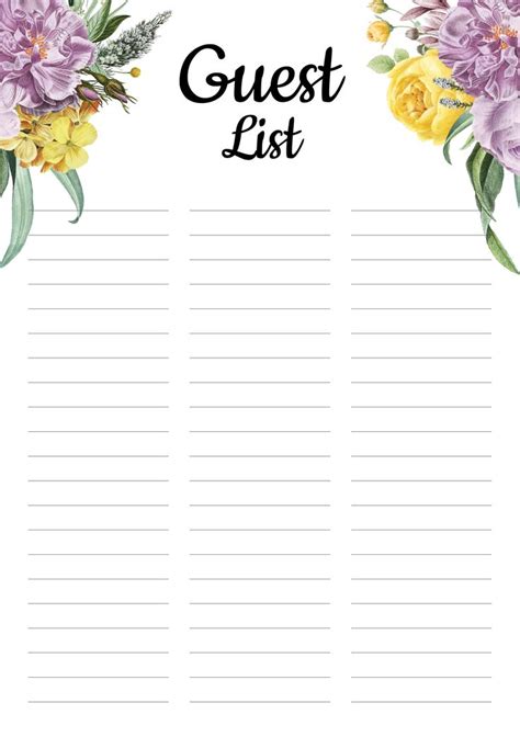 Printable Floral Guest List PDF Download | Guest list template, Wedding ...