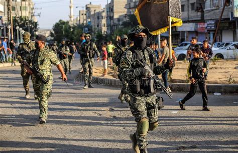 Members of Al-Quds Brigade, the Military Wing of the Islamic Jihad Movement in Palestine, during ...