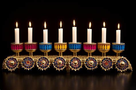 Premium AI Image | Menorah with colorful candles and decorations