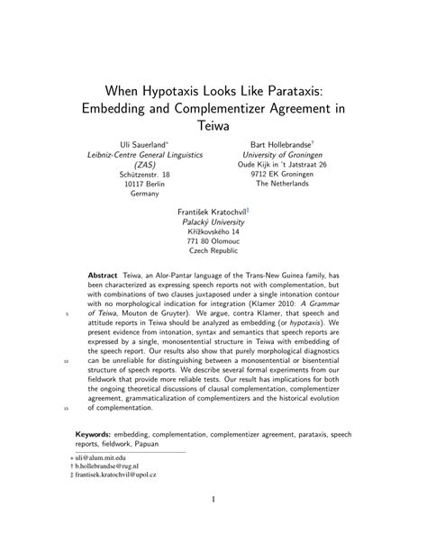 (PDF) When Hypotaxis looks like Parataxis: Speech and Attitude Reports in Teiwa