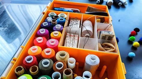 Storage Box with Spools of Multi-colored Threads, Sewing Needles. Storage System for Sewing ...