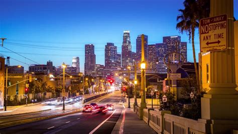 Downtown City Of Los Angeles 1st Street Perspective At Night. Timelapse ...