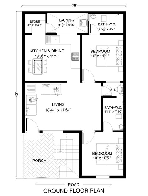 25 x 40 House Plan 2 BHK | 1000 Sq. Ft. House Design - Architego