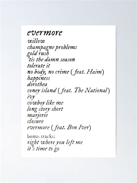 "Taylor Swift Evermore Tracklist" Poster for Sale by dutchesskmw | Redbubble