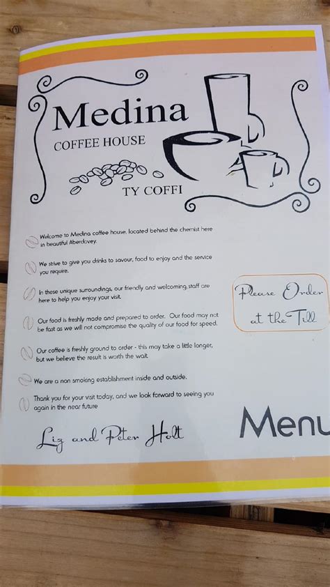 Menu at Medina Coffee House, Aberdyfi