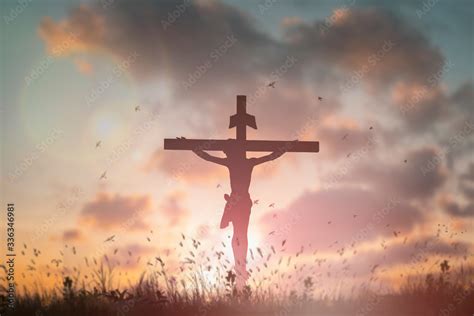 Silhouette Jesus christ death on cross crucifixion on calvary hill in sunset good friday risen ...