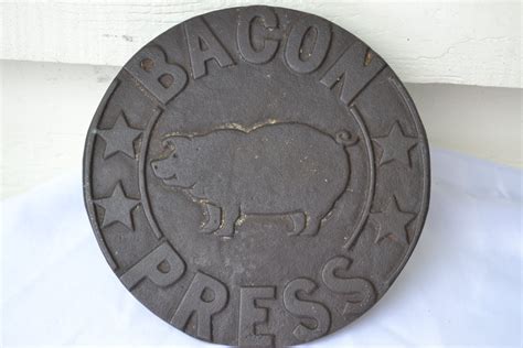 Vintage Round Cast Iron Bacon Press with Wood Handle