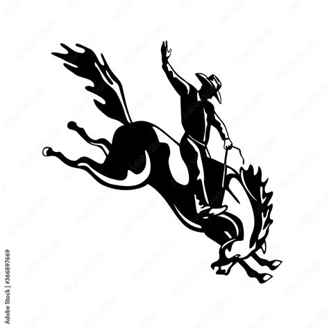 Rodeo Cowboy Rider Riding a Bucking Bronco Retro Woodcut Black and White Stock Vector | Adobe Stock