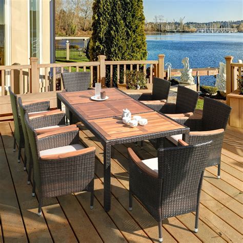 9PCS Patio Rattan Dining Set 8 Chairs Cushioned Acacia Table Top ...