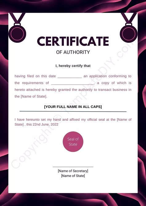 Certificate of Authority Blank Printable Template in PDF & Word in 2022 | Author, Certificate ...