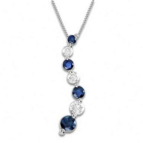 Blue Sapphire and 3/8 CT. T.W. Diamond Journey Pendant in 14K White Gold | 5th: Sapphire | Zales