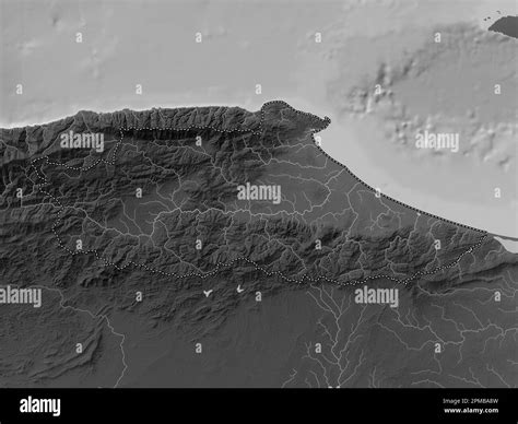 Miranda, state of Venezuela. Grayscale elevation map with lakes and ...