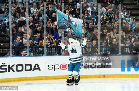 San Jose Sharks mascot SJ Sharkie skates around to get the crowd ...