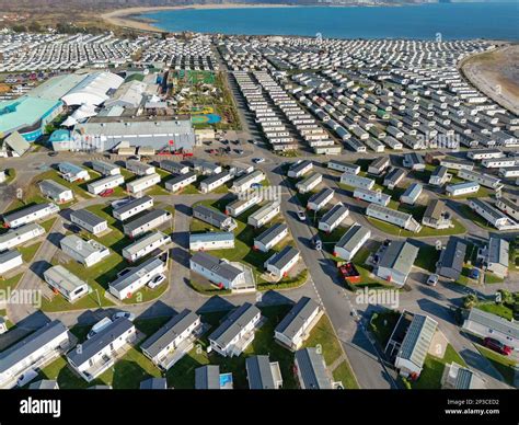 Porthcawl, Wales - March 2023: Aerial view of Trecco Bay holiday caravan park in South Wales ...