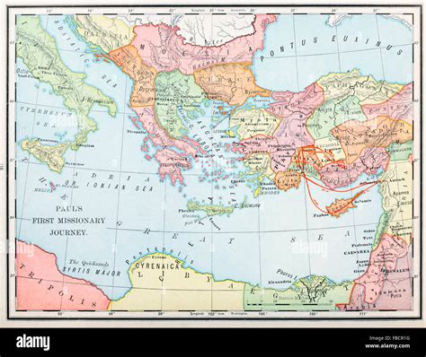 Mapa de el Apóstol Pablo su primer viaje misionero, Ministerio cristiano temprano Fotografía de ...