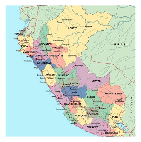 Large political and administrative map of Peru with roads and major cities | Peru | South ...