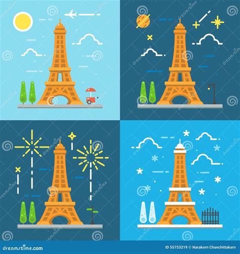Flat Design 4 Styles 0f Eiffel Tower Paris France Stock Vector - Illustration of beautiful ...