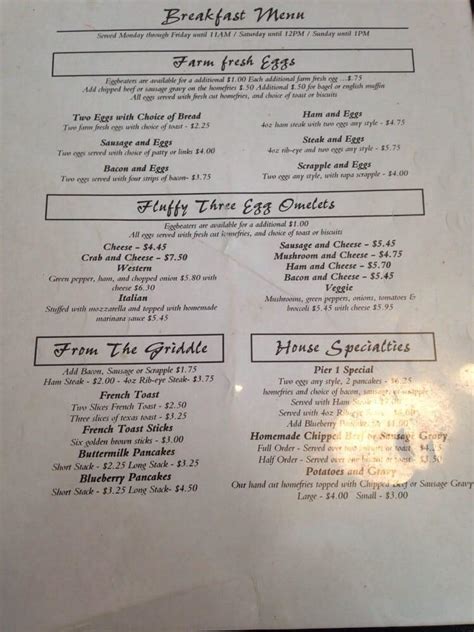 Menu at Pier 1 Restaurant, North East