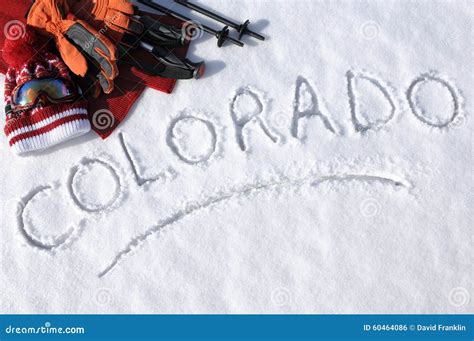 Colorado Ski Vacation Concept, Word Written in Snow with Skiing Equipment Stock Photo - Image of ...