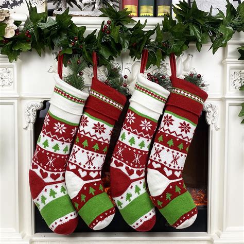 4 Pcs Knit Christmas Stockings 18 inches Large Family Christmas Stockings Tree and Snowflake ...