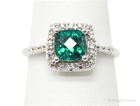 Vintage Green Lab Emerald 4 Diamond Art Deco Design Sterling Silver Ri ...