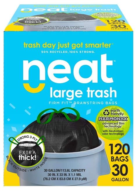 neat 30 Gallon Drawstring Trash Bags, Reversible, Black and White ...