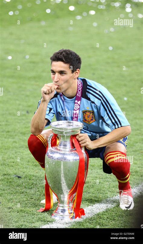 Jesus Navas of Spain poses for a photo with Trophy after UEFA EURO 2012 Final game against Italy ...