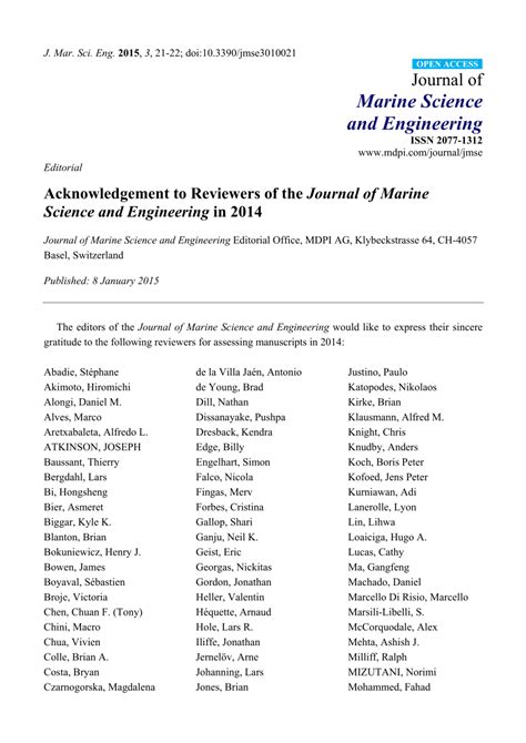 (PDF) Acknowledgement to Reviewers of the Journal of Marine Science and Engineering in 2014