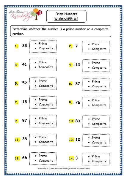 Prime Number Worksheets Printable