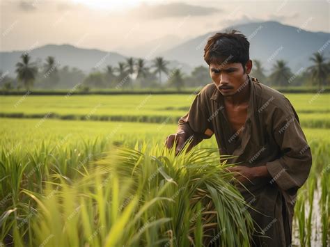 Premium AI Image | A young man harvesting paddy in a paddy field