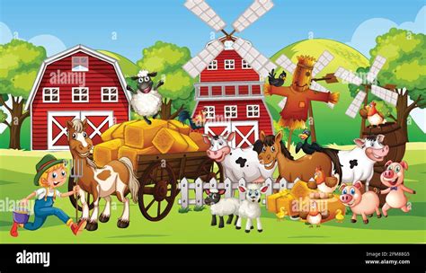 Farm scene with many farm animals illustration Stock Vector Image & Art ...