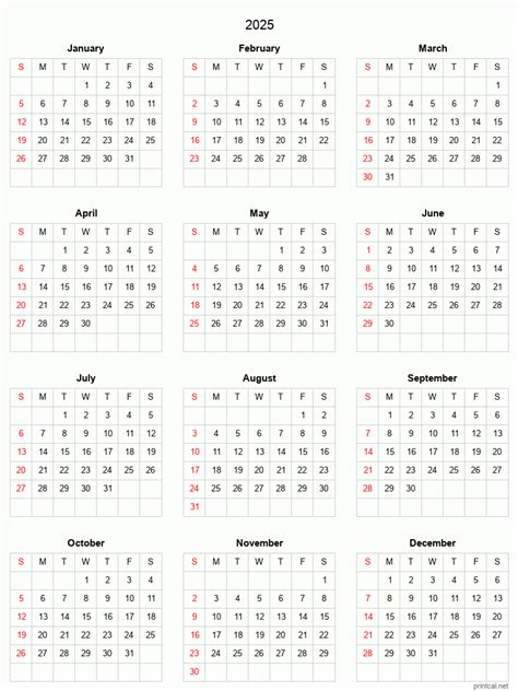 2025 Printable Calendar - Full-Year Calendar (Grid style)