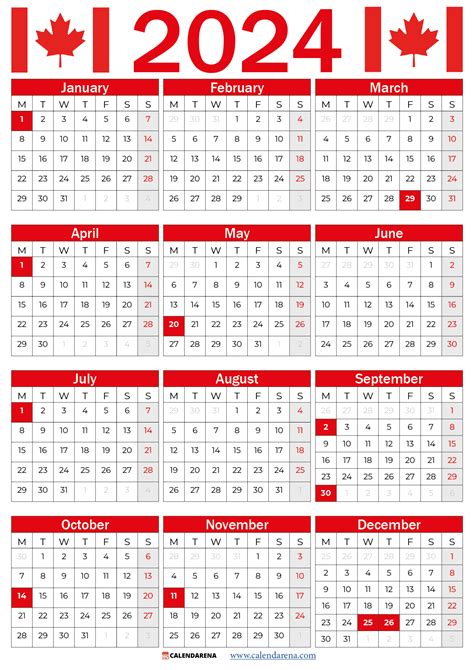 Canadian Monthly Calendar 2024 Printable - Printfree Calendar 2024