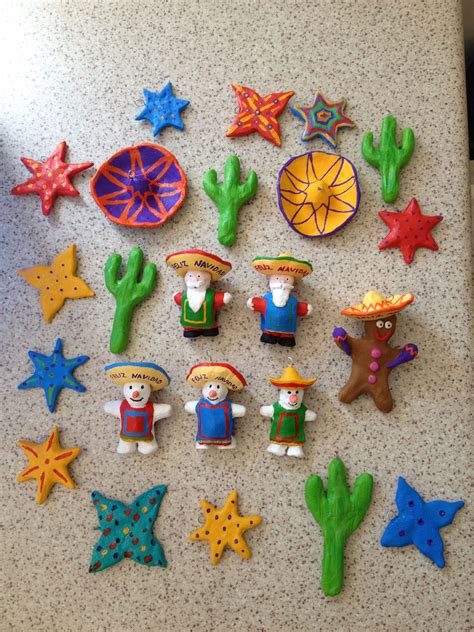 Mexican themed Christmas tree ornaments. Made from clay, and twisted paper clips used to ...