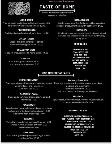 Menu at Pine Tree Bar & Grill, Fredericton, 185 Gabriel Dr