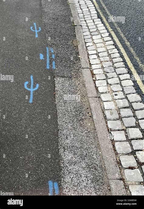 Pavement Language. Blue spray paint, indicator of impending work Stock Photo - Alamy