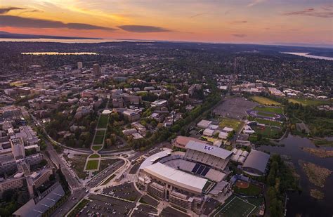 Aerial University Of Washington Campus At Sunset Photograph by Mike Reid