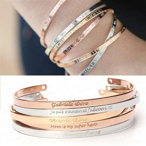 Inspirational Message Personalized Bracelet Initial Engraved Name Cuff Custom Bangle Bracelet ...