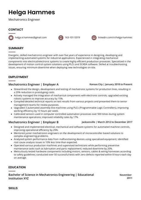 Mechatronics Engineer Resume (CV) Example and Writing Guide