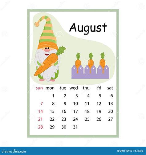 Calendar for 2022 Cute Dwarf Holding a Carrot, Month of August Cartoon ...