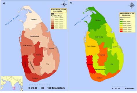 Map of Sri Lanka with provincial (a) population distribution and (b ...