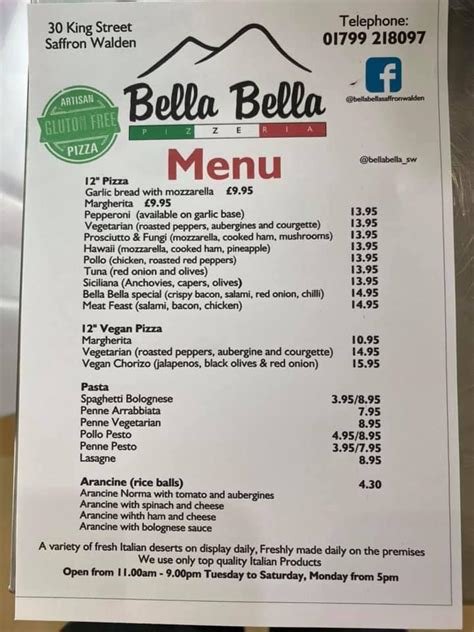 Menu at Bella Bella pizzeria, Saffron Walden