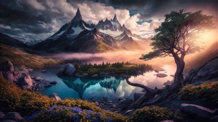 reflection, clouds, water, snow, trees, mountains, flowers, nature, sunset, sunset glow ...