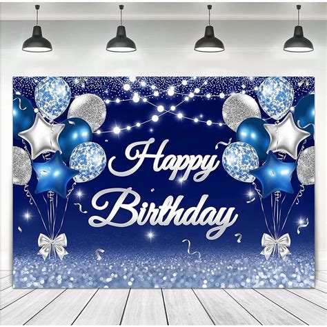 7x5ft Navy Blue Happy Birthday Decorations Backdrop Glitter Silver Blue ...